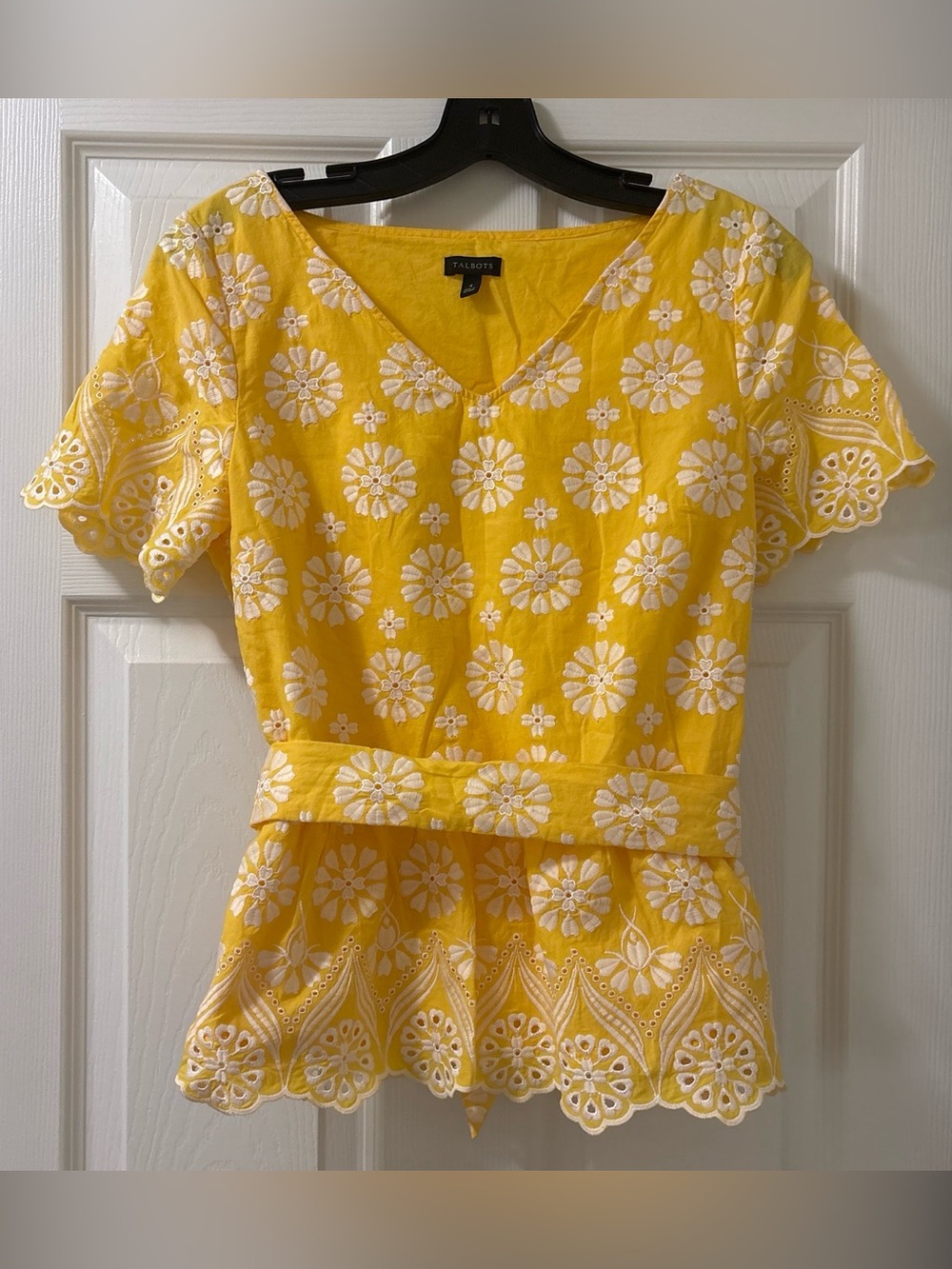 Talbots Yellow and white embroidered floral blouse with tie waist